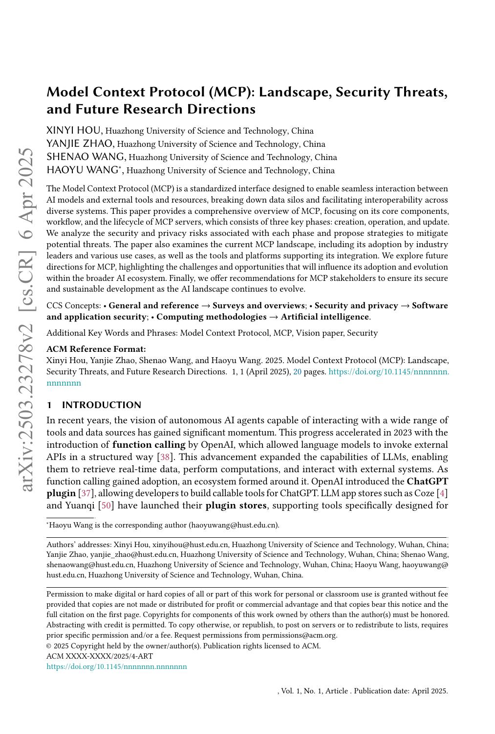 Model Context Protocol (MCP): Landscape, Security Threats, and Future Research Directions